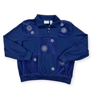 Alfred‎ Dunner Sweater Women's XL Blue Patchwork Velour Floral Padded Shoulders